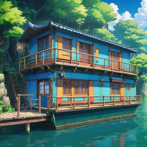 houseboat,house by the water,floating huts,house with lake,aqua studio,studio ghibli,summer cottage,fishing float,boathouse,stilt houses,wooden house,boat house,fisherman's house,floating restaurant,house of the sea,wooden houses,stilt house,seaside resort,dock,docks,Illustration,Japanese style,Japanese Style 03