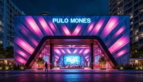 Futuristic music venue, neon LED lights, dynamic color schemes, metallic fa\u00e7ade cladding, angular geometric patterns, sleek glass entrances, minimalist door handles, high-tech audio equipment, ad