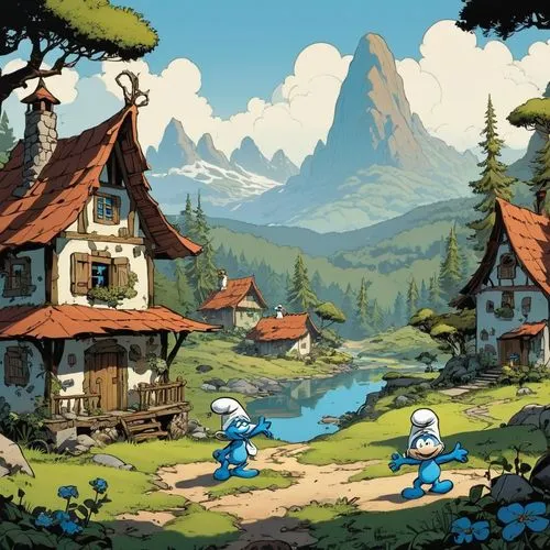 toonerville,smurfs,alpine village,cartoon video game background,cartoon forest,smurf,Illustration,Children,Children 04