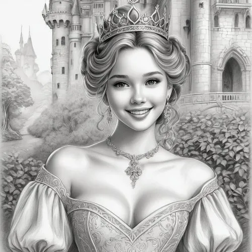 fairy tale character,princess sofia,prinses,noblewoman,prinzessin,queen of hearts,Illustration,Black and White,Black and White 30