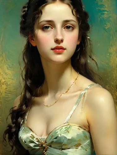 Paint a convincing and much brighter portrait in the style of Franz Xaver Winterhalter. You should be able to recognize that the girl is seriously and deeply in love.,a woman in green with long hair a