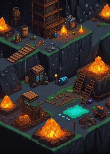 tavern,mining facility,mountain settlement,lava cave,dungeon,campfires,campfire,castle iron market,alpine village,campsite,mine shaft,mountain village,fire mountain,ravine,firepit,collected game assets,gold mining,mining site,fallout shelter,fairy village,Illustration,Realistic Fantasy,Realistic Fantasy 11