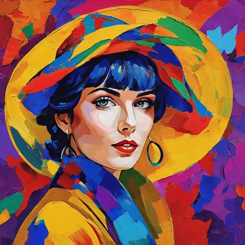 Transform your ordinary photos into extraordinary ones for free,retro woman,pop art colors,painting technique,retro girl,popart,girl wearing hat,retro women,woman's hat,pop art woman,boho art,watercol