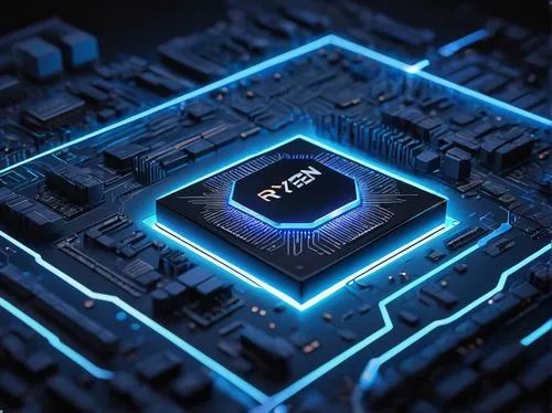 Ryzen 7 5800X, futuristic CPU architecture, metallic silver body, intricate circuit design, glowing blue LED lights, sleek lines, angular shape, high-tech laboratory setting, neon-lit background, mini