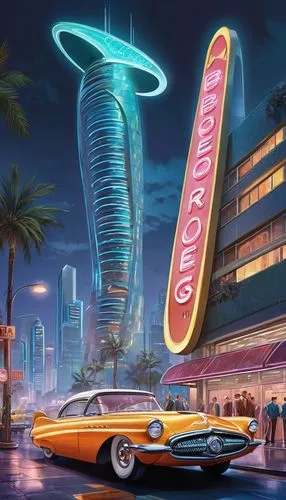 retro diner,jetsons,ford thunderbird,cadillac eldorado,futurist,riviera,toronado,futuristic landscape,polara,drive in restaurant,streamline,supercasino,futuristic car,galaxie,googie,jupiters,tailfins,autopia,popmart,futurians,Illustration,Retro,Retro 12