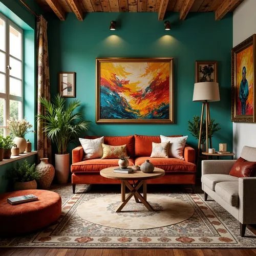 teal and orange,bohemian art,turquoise leather,sitting room,interior decor,contemporary decor,living room,livingroom,boho art style,modern decor,loft,home interior,turquoise wool,mid century modern,interior design,interior decoration,color turquoise,apartment lounge,boho art,chaise lounge