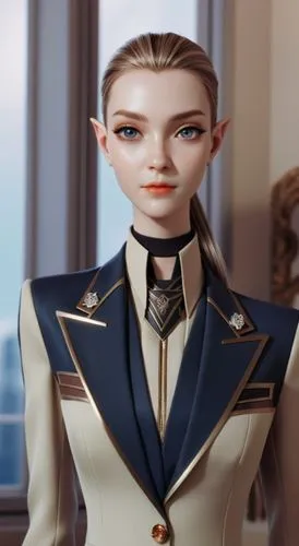 elf woman face model, suit,, angular cheekbones,  Strong and angular mandibule, smile, tall blonde elf  female, long neck  , suit, pointy ears, 3 meters tall, very tall,concept of blonde elf woman in 