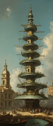 tower of babel,pagoda,asian architecture,ancient city,stone pagoda,bird tower,the ancient world,spire,panopticon,futuristic architecture,chinese architecture,naval architecture,neoclassical,futuristic landscape,cellular tower,ancient buildings,torre,artificial island,japanese architecture,futuristic art museum,Art,Classical Oil Painting,Classical Oil Painting 35