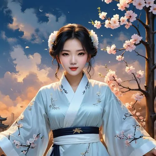 hanfu,chuseok,hanbok,japanese sakura background,geisha girl,oriental princess,bingqian,sakura background,geisha,longmei,zuoyun,plum blossoms,huayi,maiko,plum blossom,jingqian,geiko,diaochan,zhiyuan,joseon,Unique,Design,Character Design