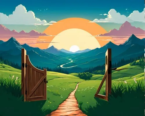 landscape background,background vector,cartoon video game background,mobile video game vector background,game illustration,pathway,heaven gate,frame border illustration,farm gate,home landscape,adventure game,wooden path,gateway,hiking path,android game,backgrounds,mountain scene,background image,children's background,travel poster,Unique,Design,Logo Design