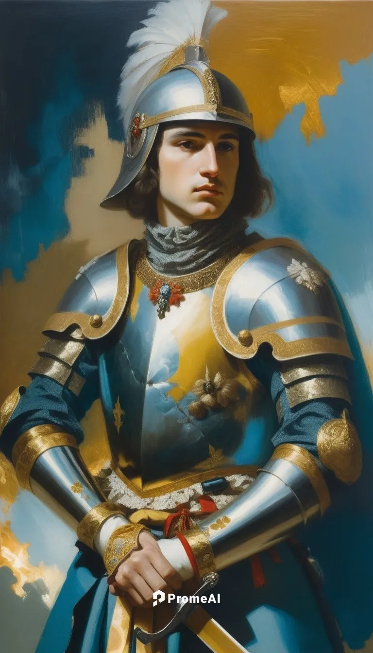 an masterpiece oil color painting of A young, skilled soldier during the reign of Louis XIV. He wears a polished breastplate, adorned with intricate gold embroidery, and a plumed helmet. His sword is 