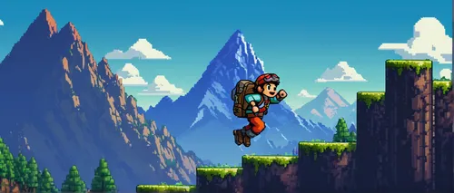 cartoon video game background,chasm,tower fall,leap of faith,skydiving,diving gondola,tarzan,mountain guide,adventurer,skydiver,action-adventure game,pixel art,adventure game,zip line,banjo bolt,zipline,base jumping,skydive,monkey island,mountain world,Art,Artistic Painting,Artistic Painting 35