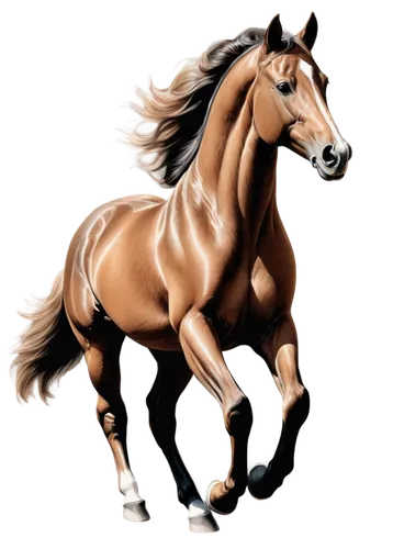 Brown horse, galloping, majestic pose, detailed fur texture, shiny coat, muscular legs, powerful body, freedom concept, open space, soft focus background, warm sunlight, cinematic lighting, 3/4 compos