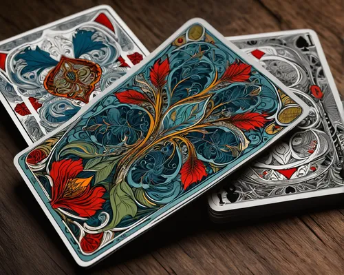 Devise a Theory 11 playing card design inspired by nature's beauty.,playing card,deck of cards,card deck,playing cards,art nouveau design,spades,queen of hearts,twin decks,cards,tarot cards,poker set,