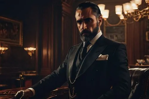 Dark, mysterious Karazarian mafia boss, middle-aged man, strong facial features, sharp jawline, piercing brown eyes, slicked back black hair, trimmed beard, luxurious black suit, white dress shirt, bl