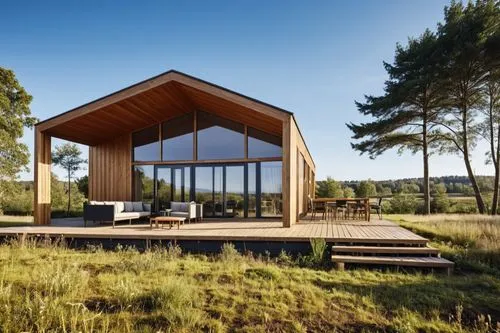  modern 
barnhouse, black and wood, summer,  interior items inside, outdoor furniture on the terrace, realism, sun rays through the foliage, frontal and perspective views
,Barn house with patio,timber