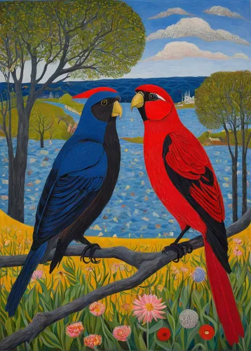 crimson rosella,passerine parrots,scarlet tanager,bird painting,songbirds,couple macaw,cardinals,rosella,tanager,birds on a branch,flower and bird illustration,macaws of south america,bird couple,red beak,crimson finch,red bunting,key birds,red pompadour cotinga,birds on branch,colorful birds,Art,Artistic Painting,Artistic Painting 36