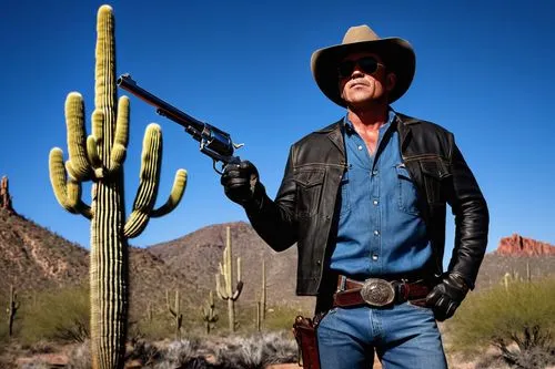 Arizona Ranger, muscular man, cowboy hat, sunglasses, stubble, rugged facial features, silver badge, brown leather gloves, worn denim jeans, black boots, holstered big iron revolver, standing, desert 