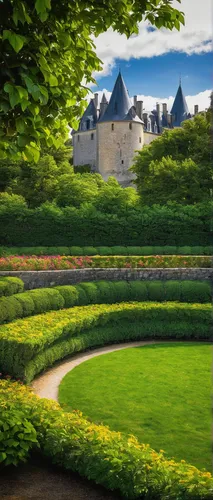 The famous gardens next to the medieval walls of the city of Vannes and in the background the Chateau de l'Hermine castle, Brittany, France, Europe,dunrobin,tuileries garden,versailles,quebec,royal ca