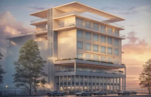 a large white building sitting on top of a street,modern building,appartment building,edificio,multistorey,penthouses,escala,Unique,Design,Blueprint