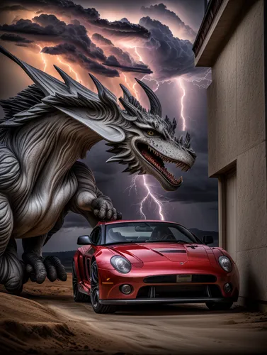 ferrari california,3d car wallpaper,testarossa,muscle car cartoon,fantasy picture,fantasy art,photomanipulation,fire breathing dragon,ferrari america,photo manipulation,hennessey viper venom 1000 twin turbo,exotic cars ferrari,digital compositing,ferrari testarossa,prancing horse,pagani,panoz roadster,world digital painting,f125,garage door