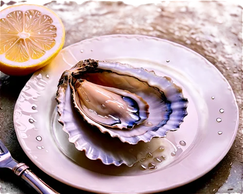 Freshly opened oyster shell, pearlescent interior, juicy flesh, dew drops on shell, white plate, silver fork, lemon wedges, soft focus background, shallow depth of field, warm lighting, 3/4 compositio