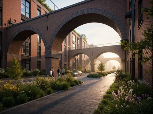 Rustic bridge, textured brickwork, arched structures, industrial aesthetic, urban landscape, misty morning, warm golden lighting, shallow depth of field, 1/2 composition, symmetrical framing, realisti