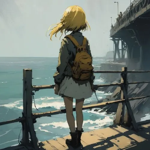 Chica anime parada sobre un puente mirando al mar,yachi,kizu,shinobu,on the pier,maka,kii,girl walking away,tarmugi,enoshima,monogatari,pier,pomponia,parka,seaside,niijima,dock,lillie,darjeeling,misuz