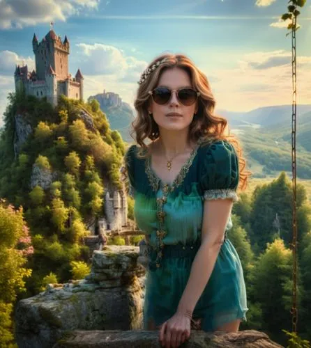 A woman with a green short-sleeved top, long hair and sunglasses stands on a viewing platform in front of a forest landscape. Behind her rises an old knight's castle built on a rock.,fantasy picture,f