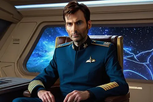 David Tennant, Starfleet captain, mature man, (40yo), Scottish accent, short brown hair, blue eyes, beard, Starfleet uniform, golden command insignia, sitting on captain's chair, USS Enterprise, futur