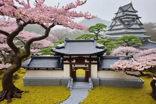 Himeji Castle, Lego architecture, medieval Japan, majestic structure, white walls, curved roofs, golden accents, cherry blossom trees surrounding, moss-covered stone foundation, intricate stonework, g