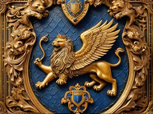 Noble family crest, gold and blue colors, intricate designs, shield shape, lion and eagle supporters, crown on top, detailed fur texture, majestic atmosphere, ornate frame, embossed metal material, so