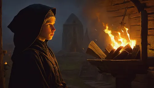 the nun,candlemaker,flickering flame,hearth,blacksmith,candlemas,the prophet mary,campfire,fireside,woman praying,campfires,fireplaces,candlelight,archimandrite,the witch,nun,priest,praying woman,fire artist,brazier,Art,Classical Oil Painting,Classical Oil Painting 20