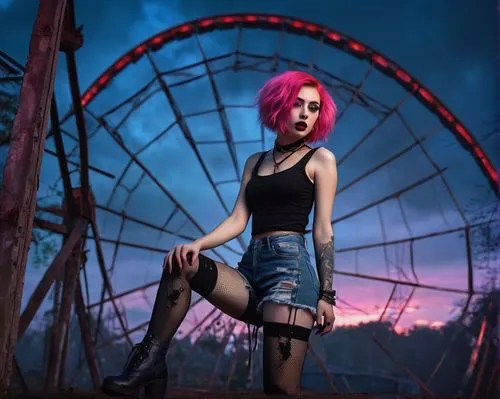 dancing girl, vibrant pink hair, glittery eyeshadow, bold red lips, ripped fishnet stockings, black leather boots, torn denim shorts, sleeveless top, zombies in cages, iron bars, dim lighting, spooky 