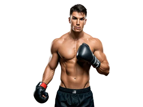 Muscular male, boxer, pitbull mix, aggressive posture, sweaty skin, intense gaze, boxing gloves, black trunks, athletic shoes, ripped muscles, tattoos on arms, serious facial expression, low-angle sho