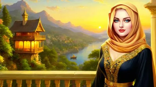 Romantic masterpiece oil painting, cute busty girl portrait, sexy abaya dress, nostalgic 1950's style kitsch, breathtaking beautiful landscape, majestic exotic wilderness scenery, evening lighting, ba