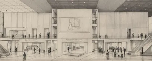 Dessin au trait d'une scene interieure archviz de type lobby atrium d'un centre d'exposition,unbuilt,renderings,hall of nations,docomomo,the dubai mall entrance,hejduk,entrance hall,art deco,arcology,