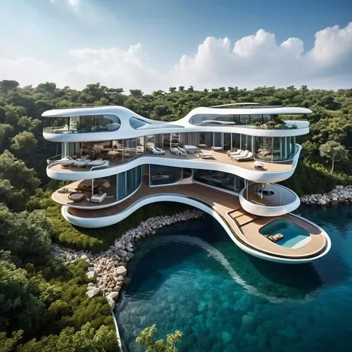 Floating house on the water, ground floor overlooking an open balcony, first floor with one room, rooftop equipped for parties,,a large house on top of a body of water,floating island,futuristic archi