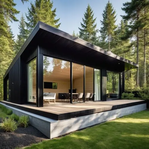 "Modern black log house made from square CLT (cross-laminated timber) logs. The exterior is sleek and minimalistic, with smooth black-stained timber beams. The house features large, floor-to-ceiling w