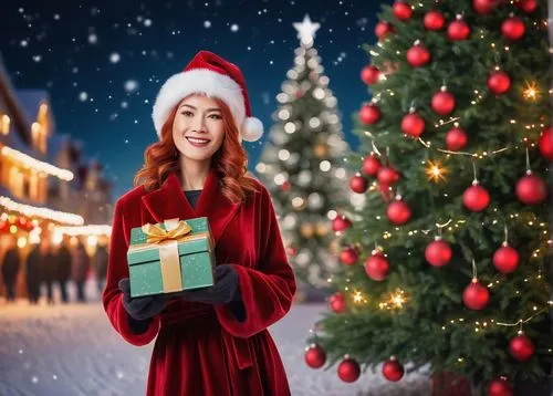 Christmas Eve, winter night, snowflakes gently falling, festive lights illuminating the streets, a beautiful mature lady, Santa hat, red hair, sparkling eyes, warm smile, wearing a red velvet dress, w