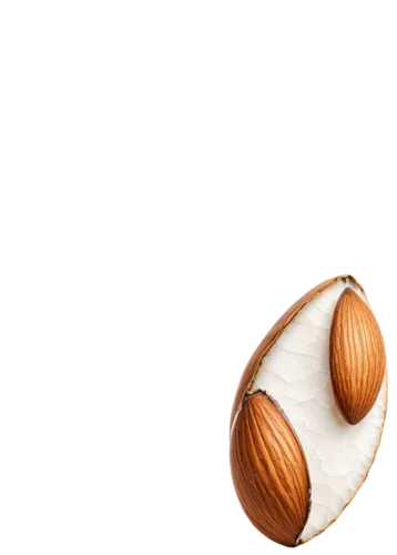 Almond nut, solo, white background, detailed texture, shell cracked open, brown interior, highlighted edges, shallow depth of field, soft natural light, 3/4 composition, warm color tone, cinematic lig