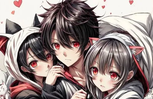 cat family,lily family,rabbit family,cat ears,x3,kawaii children,happy family,trio,red eyes,kittens,kitsune,nightshade family,anime japanese clothing,the three magi,siblings,cat lovers,friendly three,