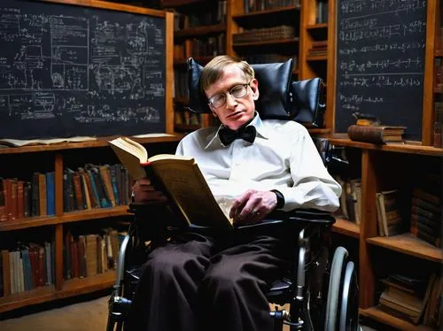 Professor Stephen Hawking, Shota, wheelchair, intellectual facial expression, glasses, messy brown hair, white shirt, black pants, leather gloves, holding a book, surrounded by equations-filled blackb