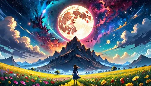 blooming field,fantasy landscape,mushroom landscape,mountain world,valley of the moon,dream world,fantasy picture,cosmos field,cosmos,volcano,world digital painting,fairy world,flower field,the earth,stratovolcano,field of flowers,wonderland,space art,fantasy world,fantasia,Anime,Anime,General