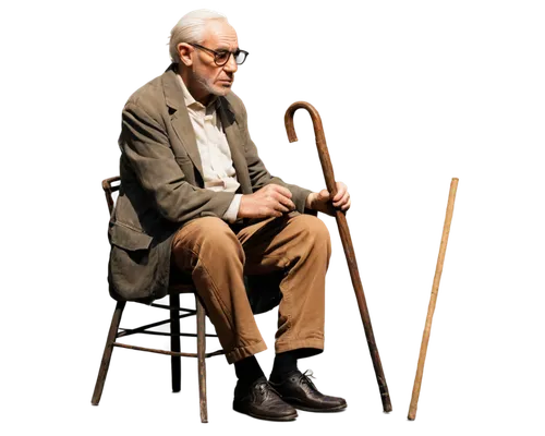 Old man, aged face, wrinkles, white hair, balding, thick eyebrows, glasses, worn-out clothes, sitting, leaning on cane, nostalgic expression, warm lighting, shallow depth of field, cinematic compositi