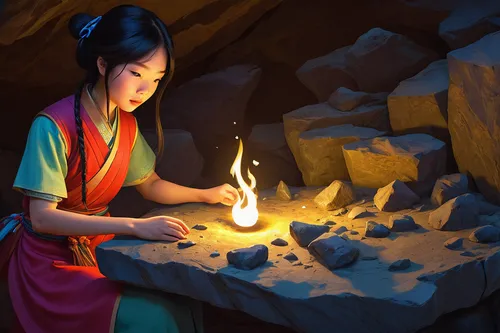 fire artist,mulan,digital painting,hand digital painting,candlemaker,world digital painting,game illustration,flame spirit,khokhloma painting,girl studying,chinese art,girl praying,torchlight,woman at the well,campfire,joss stick,burning candle,burning torch,hearth,pocahontas,Illustration,Japanese style,Japanese Style 21