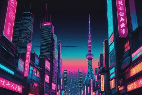 tokyo city,shinjuku,tokyo,colorful city,cityscape,cyberpunk,fantasy city,osaka,aesthetic,neon arrows,tokyo ¡¡,futuristic landscape,shibuya,city,dusk background,dusk,evening city,city lights,metropolis,neon lights,Illustration,Japanese style,Japanese Style 15