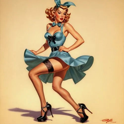 J. Scott Campbell style realistic drawing of a woman in platform heels bullet bra bow in her hair 


,a painting of a beautiful woman in a dress,retro pin up girl,pin-up girl,pin up girl,retro pin up 