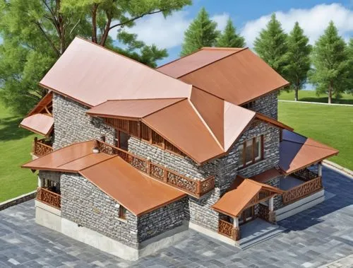 an aerial view of a large brick home,house roof,3d rendering,homebuilding,house shape,miniature house,roof tile,Photography,General,Realistic