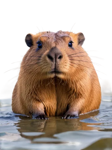 Capybara, semi-aquatic, rodent, large ears, whiskers, brown fur, wet eyes, swimming pose, water ripples, aquatic plants, shallow water, natural light, 3/4 composition, soft focus, warm color tone.,cap